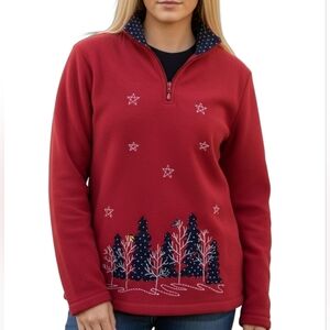 Breckenridge Forest Fleece Holiday Pullover in Red and Blue Quarter Zip Sz Med